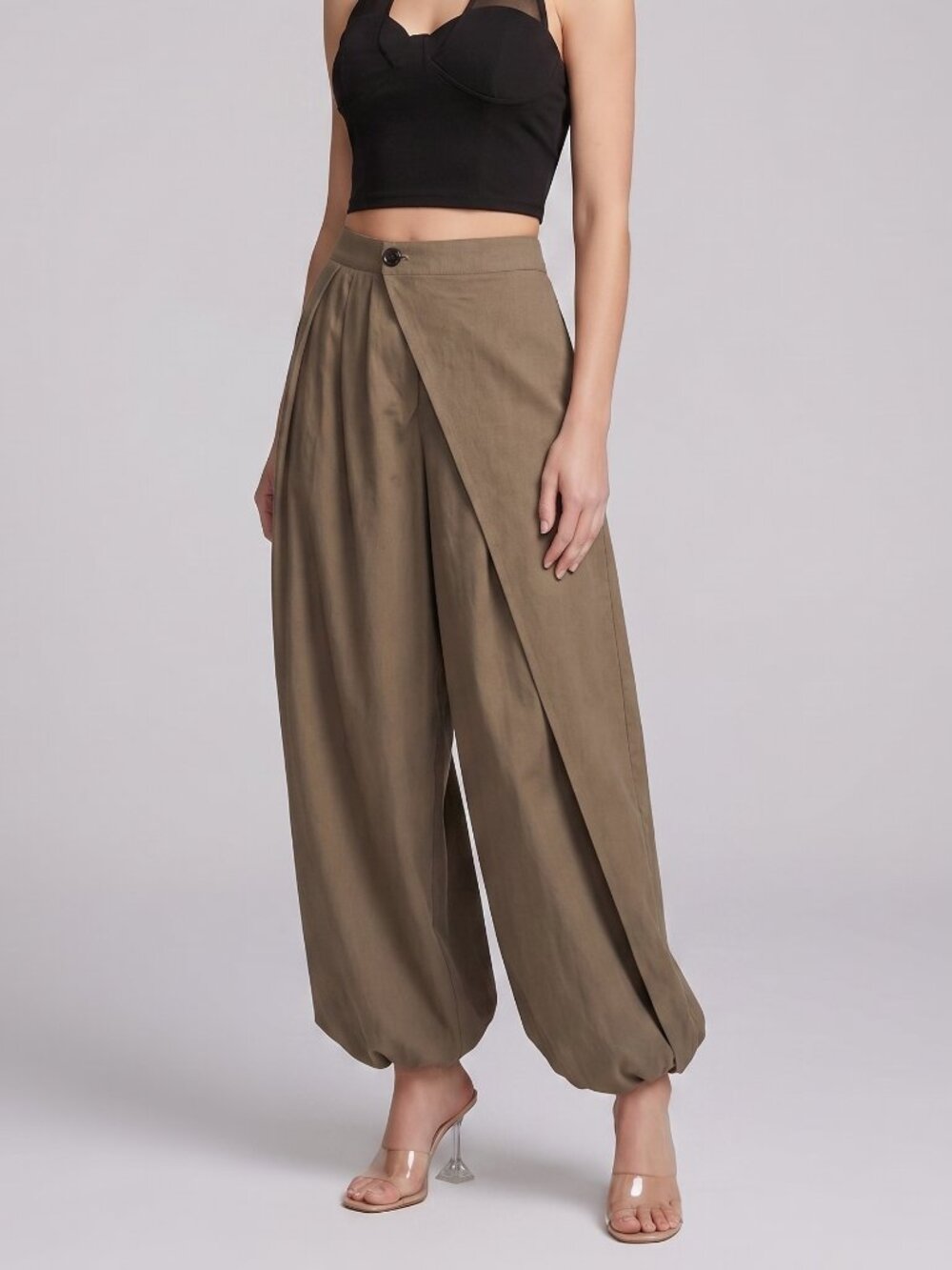 Women's Khaki Olive Wrap Front Balloon Pants High Waist Wide Leg Baggy Trousers